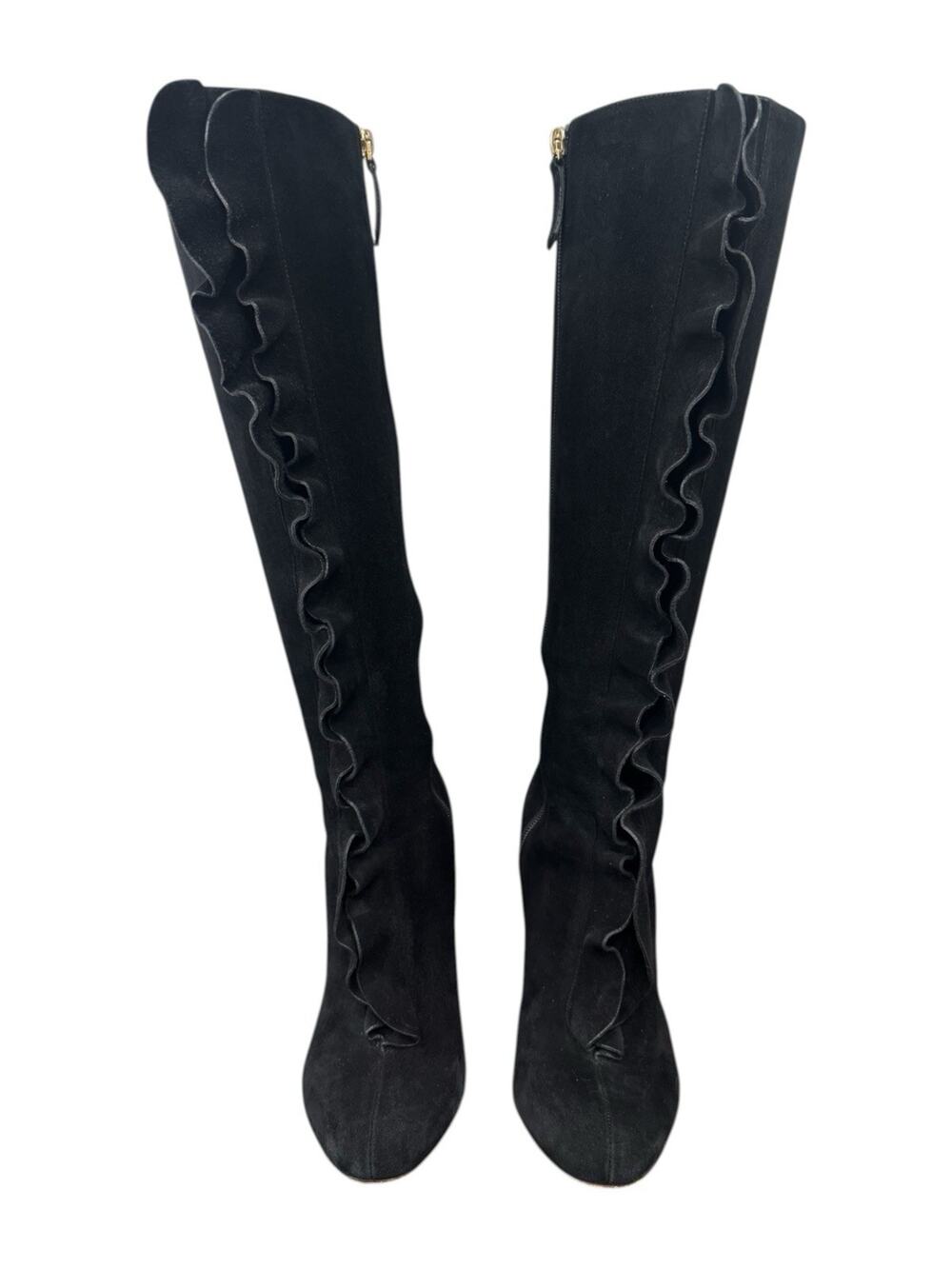 Valentino Garavani Ruffle Knee High Boots Black Suede 39.5 US 9.5 Italy Luxury